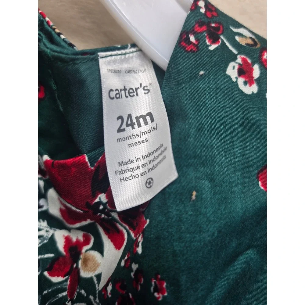 NWT‎ Carters Baby Girl Green Floral Flutter Sleeve Holiday Dress 24 months